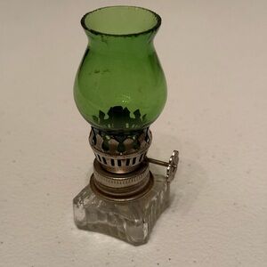 Miniature Green Glass Oil Lamp - non-functioning.